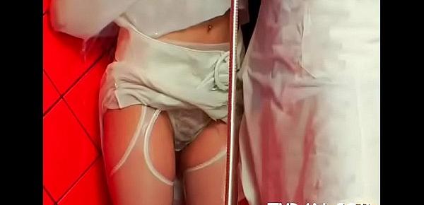  Hot femdom fetish act with sexy babe drubbing dude